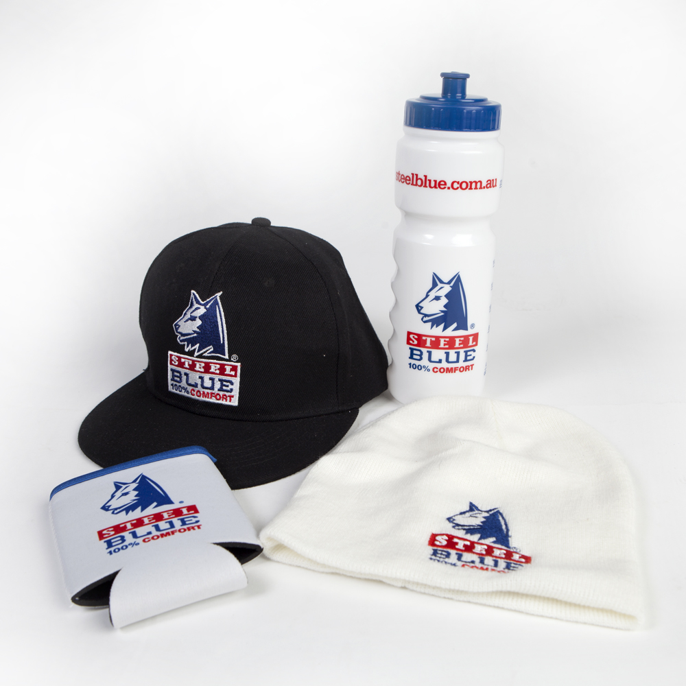 Steel Blue Hats, Beanies, Drink Bottles and Stubby Holders